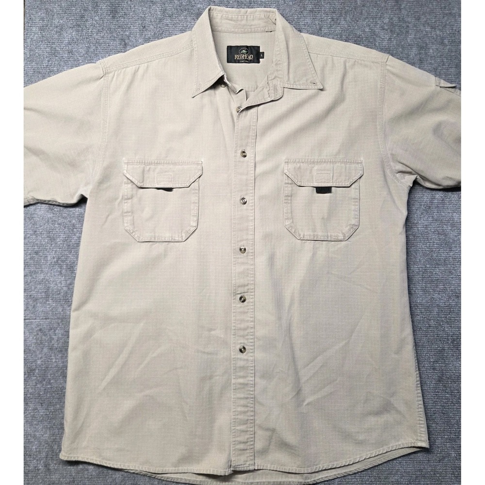 Vtg RedHead Men's Khaki Ripstop Button Down Short Sleeve Shirt Size L Fishing